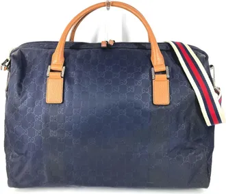 Gucci Brown Navy Nylon Leather Boston Bag (Pre-Owned)