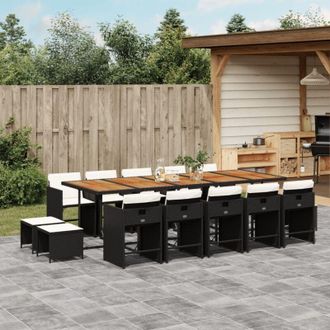 vidaXL Set Comedor De Jard&iacute;n Con Cojines 15 Pzas Rat&aacute;n Sint&eacute;tico Negro