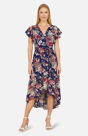 Yumi Floral Wrap Midi Dress With Frill Hem in Blue at Nordstrom, Size 12