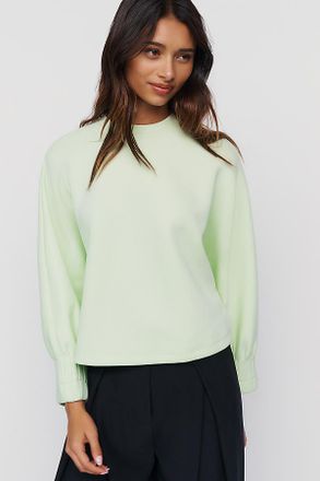 Maeve Cotton Blend Pleated Sleeve Crewneck Sweatshirt