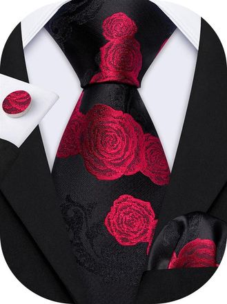 Barry.Wang Roses Ties Red Black Mens Floral Silk Necktie Handkerchief Cufflinks Set Formal Wedding Prom