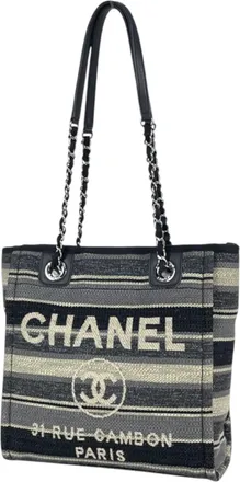 Chanel Black Gray Canvas Leather Tote Bag (Pre-Owned)