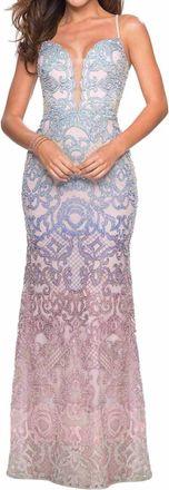 La Femme Sequined Sheath Gown In Blue Multi