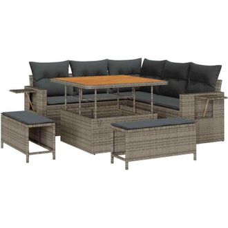 vidaXL Garden Sofa Set with Cushion 9 pcs Grey Poly Rattan vidaXL