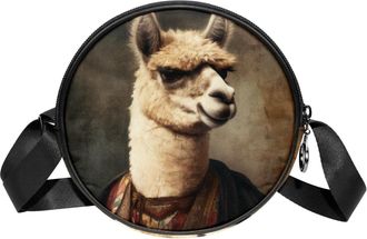 Generic Circle Crossbody Bag for Women, Vintage Alpaca Pattern Small Sling Bag Daypack with Zipper Adjustable Shoulder Straps Casual Ladies Girls Round Purse