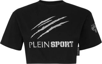 Plein Sport Zwarte Korte Logo Top - Dames - Sportshirts - Zwart - L - Katoen - Fitness