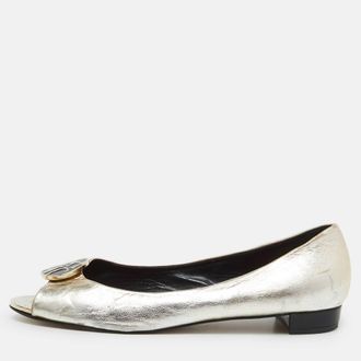 Carolina Herrera Gold Leather Logo Peep-Toe Ballet Flats