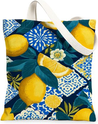Generic Lemon Floral Canvas Tote Bags, Citrus Pattern Reusable Grocery Bags, Summer Vintage Lightweight Washable Shoulder Strap Can, Yellow, 13x15 Inch