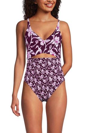 Lands End Wrap Monokini High Leg One Piece Swimsuit in Daylily Red Tossed Floral at Nordstrom, Size 10P