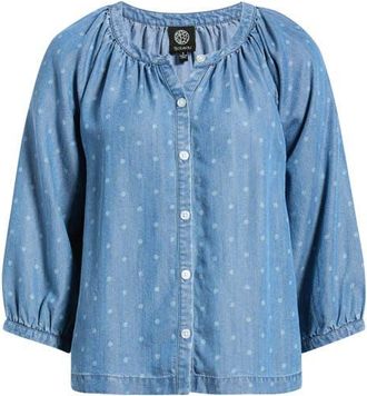 Bobeau Smocked Neck Button-Up Top in Denim/white Dot at Nordstrom, Size X-Large
