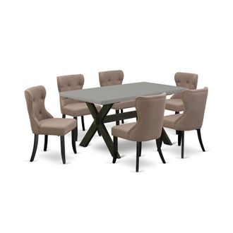 East West Furniture 7-Piece Kitchen Dining Set- 6 Upholstered Dining Chairs with Coffee Linen Fabric Seat and Button Tufted Chair Back
