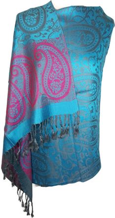 World of Shawls Ladies Floral Paisley Bordered Pashmina Feel Shawl Scarf Wrap Stole Luxuriously Warm Soft and Silky Touch (Turquoise/Hot Pink)