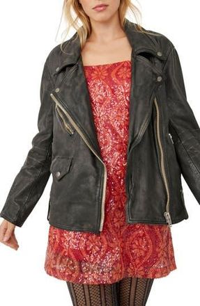 Free People We the Free Jealousy Leather Moto Jacket in Distressed Black at Nordstrom Rack, Size Small