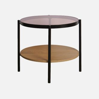 Sweeek Sweeek - Mesa Auxiliar Redonda De Cristal Templado Efecto Madera Y Metal Negro, Smooky, Natural, 52x52x45 Cm