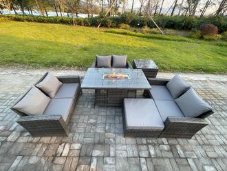 Fimous Outdoor Garden Dining Sets 7 Seater Rattan Patio Furniture Sofa Set with Gas Firepit Table Double Seat Sofa Side Table in Dark Grey