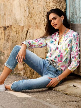 Heine Langarmbluse HEINE, Damen, Gr. 34, ecru, limone, bedruckt, 98% Polyester, 2% Elasthan, bedruckt, gemustert, mehrfarbig, Rundhals, Blusen Langarmbluse