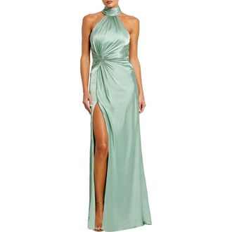 Mac Duggal Open Back High Neck Side Ruched Gown in Sage at Nordstrom, Size 12