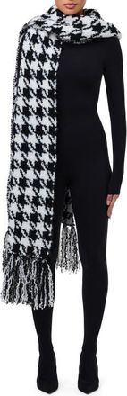 Naked Wardrobe Houndstooth Check Boucl&eacute; Fringe Scarf in Houndstooth Black/White at Nordstrom