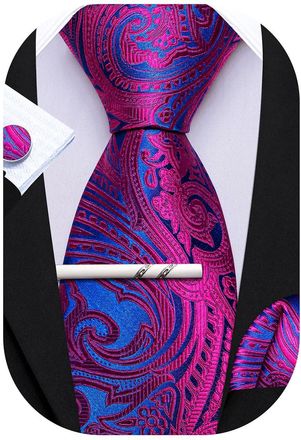 Barry.Wang Mens Tie Paisley Plaid Striped Floral Silky Necktie Pocket Square Cufflinks Clip Set Wedding Party Formal Business (Blue magenta)