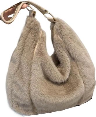 Generic Womens Plush Bags Plush Tote Bag Autumn Winter Women Casual Furry Handbag Large Capacity Soft Polyester Single Shoulder(Khaki)