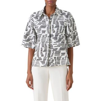 Akris Dance Movements Print Linen Button-Up Shirt in Ecru-Black at Nordstrom, Size 14