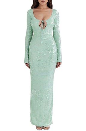 House of CB Titania Sequin Long Sleeve Gown in Mist Green at Nordstrom, Size Large