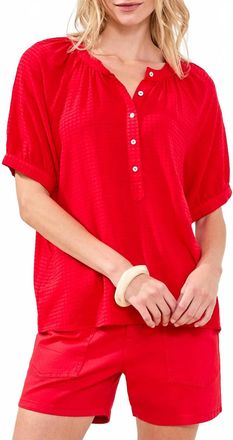Tribal Gingham Semi-Sheer Notch Neck Blouse With Button Detail In Sangria
