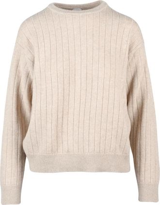 Eleventy Beige Wool-Blend Ribbed Crewneck Sweater