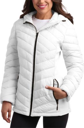 Reebok Womens Puffer Jacket - Midweight Quilted Snow Glacier Shield Full Zip Winter Coat for Women with Hood & Zip Pockets, White Mist, XL