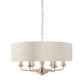 Netlighting Highclere Single Shade Pendant Light Brushed Chrome Plate Natural Linen in Grey