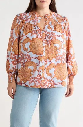 Sugarlips Siany Floral Debory Smocked Detail Button-Up Shirt in Brown-Blu at Nordstrom, Size 2X