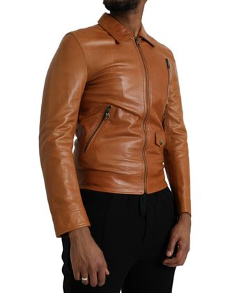 Dolce & Gabbana Mens Brown Lamb Leather Full Zip Blouson Jacket Clothing