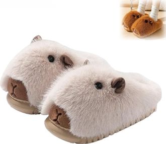 Generic Capybara Slippers, Cute Fuzzy Capybara Slippers for Women Men, Plush Warm Winter Indoor Wear (Beige, One Size, Adult, Women, 4.5, Numeric Range, UK Fo