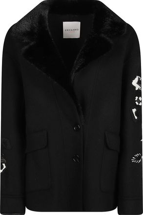 Ermanno Scervino Boxy Black Jacket with Plush Fur Collar and Embroidered Sleeves