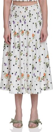 Avec Les Filles Flower & Polka Dot Smocked Waist Midi Skirt in Cream Scattered Botanical at Nordstrom, Size X-Small