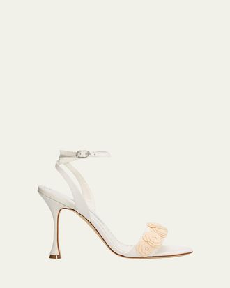 Manolo Blahnik 105mm Raosnu Crochet Flower Ankle-Strap Sandals