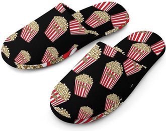 Generic Who Loves Popcorn Flannel Mens Slip-on Slippers Winter Warm House Shoes with Rubber Sole for Home Hotel
