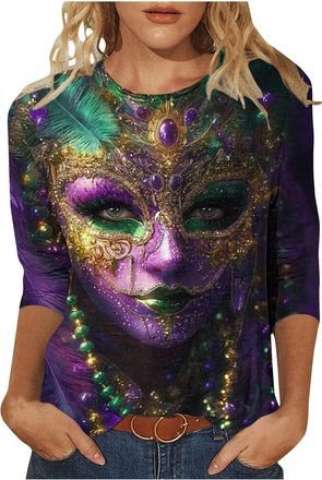 Generic 2026 Mardi Gras Tops for Women UK Casual 3/4 Sleeve Carnival Mask Graphic Shirts Dressy Comfy Crew Neck Loose Fit Blouse Ladies Elegant Lightweight Go