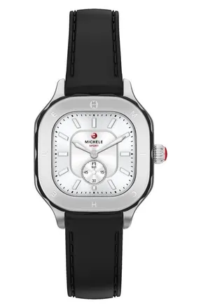Michele Meggie Sport Chalk Silicone Strap Watch, 33mm in Black/silver at Nordstrom