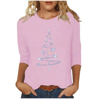 Generic Buy Again My Orders Christmas Tops for Women UK 3/4 Sleeve Crewneck Tunic Shirts 2024 Fall Fashion Xmas Tree Print T Shirts Casual Lightweight Going O