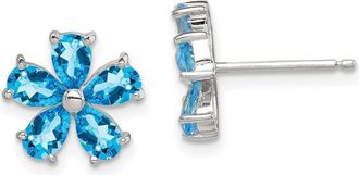 Diamond2Deal Sterling Silver Rhodium Plated Blue Topaz Flower Stud Earrings