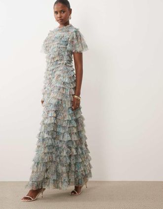 Beauut Vestito lungo voluminoso a balze multicolore con maniche con volant