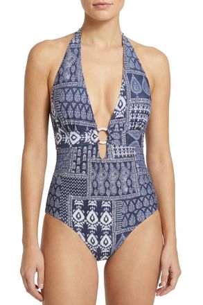 Change of Scenery Gabrielle Ring Halter One-Piece Swimsuit in Tivara Patchwork at Nordstrom, Size X-Small