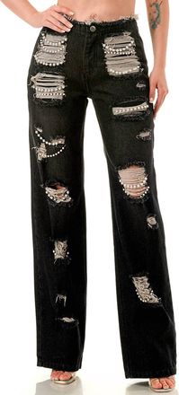 Salt Ripped Jeans With Pearls Embellished In Black