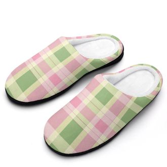 Generic Green Pink Plaid Womens Slippers Warm House Slippers Indoor House Shoes with Anti-Skid Rubber Sole