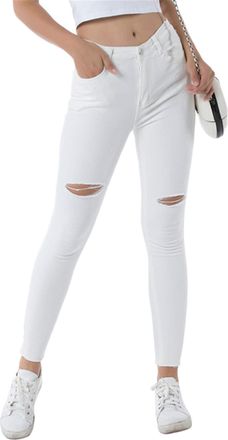 Generic JIER Ladies Skinny Ripped high Waist Jeans Stretch Denim Knee Ripped Pants Womens Slim High Waisted Pencil Trousers (White,XL)