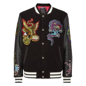 Philipp Plein Jassen, Heren, Zwart, M, Wol, Leren Bomber Tattoo