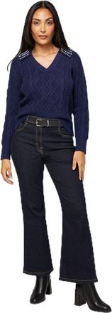 Wallis Petite Cable Embellished Polo Collar Jumper, M, Navy