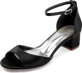 Generic Heels Wedding Shoes Block Heel Bridal Satin Open Toe Low Heels Sandals Prom Evening Formal Party Shoes 4.5Cm,Black,10 UK