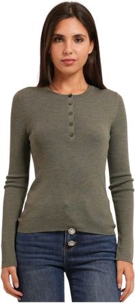 HUGO BOSS Feliconia Trui met Ribbels en Knopenkraag - Dames - Tops - Groen - Maat: XL Wol